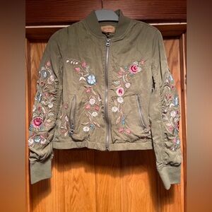 DRIFTWOOD Floral Embroidered Bomber Jacket Size XS Green Full Zip $158 Boho